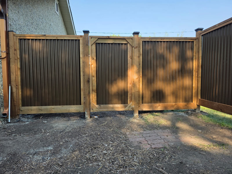Load image into Gallery viewer, Corrugated Metal Privacy Fence Panels – Treated Wood Frame