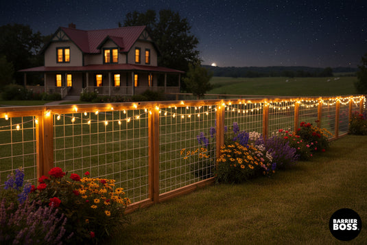 hog wire fence decorated with fairy lights nighttime