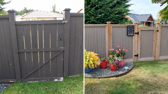Before and after: a weathered wood gate with gaps between the boards, replaced by a corrugated metal fence and matching gate in treated wood frames in Qualicum Beach, BC