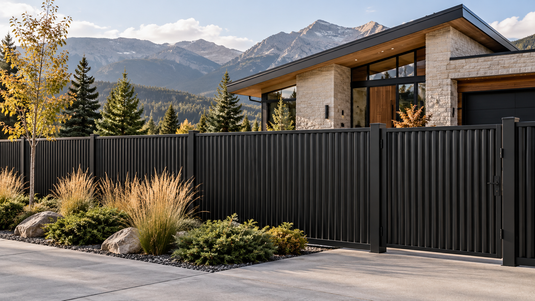 Black corrugated metal fence and matching gate in front of a Canadian mountain home.