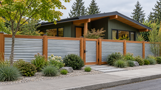 Silver corrugated metal fence with cedar framing in front of a West Coast modern home.