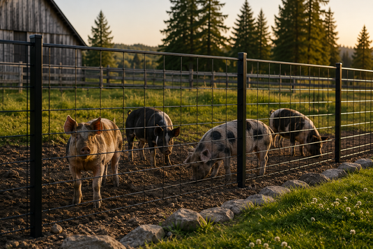 BarrierBoss black 6-gauge hog wire fence with black steel posts securely containing pigs in a Canadian farm enclosure, illustrating a durable livestock fencing solution designed to resist rooting, pushing, and daily farm use.