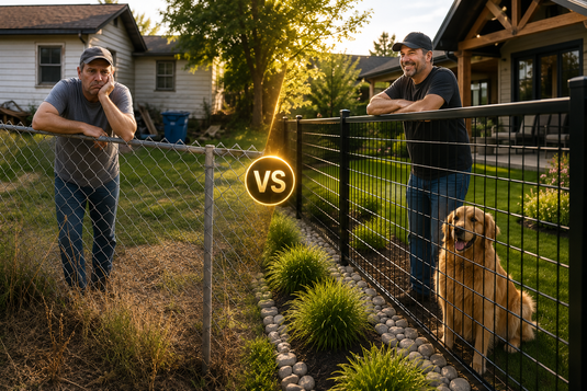 Side-by-side comparison of a homeowner with traditional chain link fencing and a homeowner with modern black BarrierBoss hog wire fencing, highlighting the cleaner look, rigid construction and pet-friendly design of hog wire.