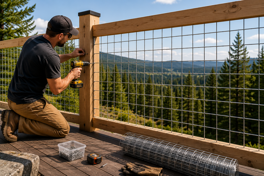 Installer attaching a BarrierBoss 6-gauge galvanized-after-welding hog wire panel to a natural cedar fence frame using installation hardware, with tools and materials laid out for a residential fence project.