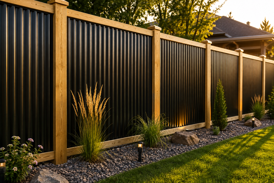 BarrierBoss black corrugated metal privacy fence with a premium western red cedar frame surrounding a professionally landscaped backyard, showcasing the modern contrast of natural wood and durable steel in warm evening light.