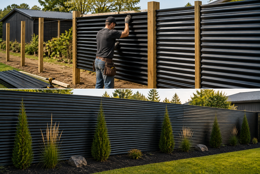 Contractor installing BarrierBoss matte black unframed corrugated metal fence sheets directly onto exposed wood fence posts, showcasing the clean industrial-chic design with visible fasteners and vertical corrugated panels.