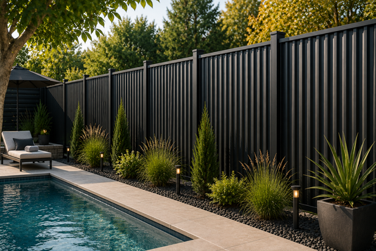BarrierBoss black corrugated metal privacy fence surrounding a modern backyard pool, creating a private outdoor oasis with durable steel panels, contemporary landscaping, and premium poolside living.