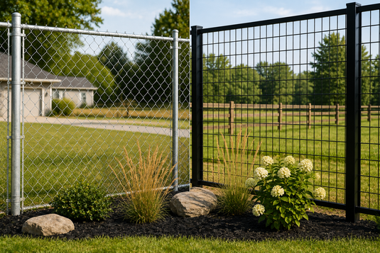 Side-by-side comparison of traditional chain link fencing and BarrierBoss black 6-gauge hog wire fence panels, showing the cleaner, more modern welded-grid alternative for residential property boundaries.
