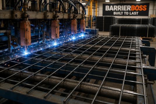 Heavy-duty black hog wire fence panels being precision welded during the manufacturing process.