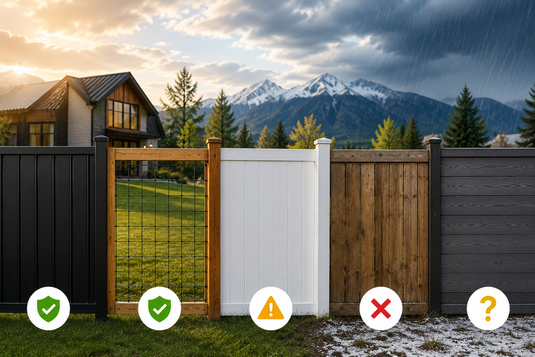 Premium black metal privacy fence and black hog wire fence with wood framing standing strong through changing Canadian weather.