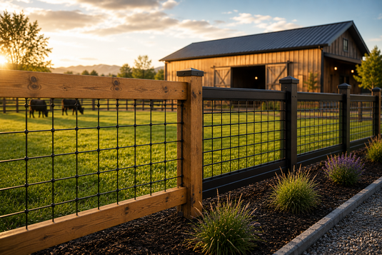 Premium black 6-gauge hog wire fence with natural wood framing surrounding a modern ranch property at sunset.