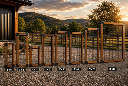 BarrierBoss-style black hog wire fence panels in multiple sizes with natural wood frames displayed side by side on a ranch property at sunset.