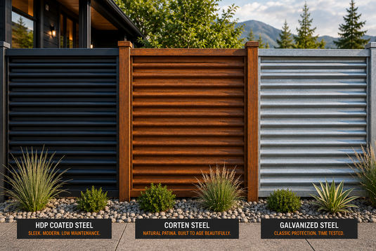 Comparison of black, corten, and galvanized corrugated steel fence panels installed around a modern Canadian home.