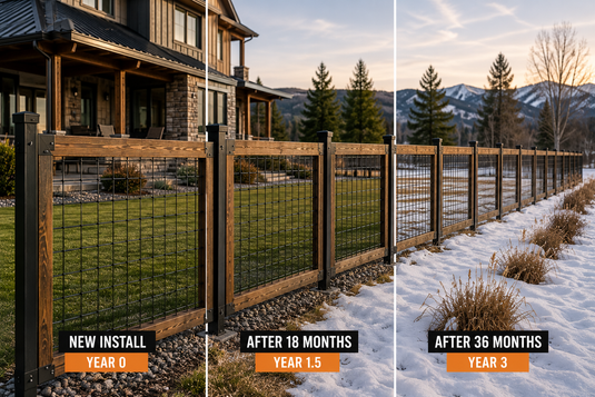BarrierBoss black hog wire fence with natural cedar frame looking like new after years of Canadian snow, rain, and sun exposure.