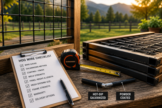 BarrierBoss black 6-gauge hog wire fence panels with natural cedar frames, highlighting premium construction and materials before installation.