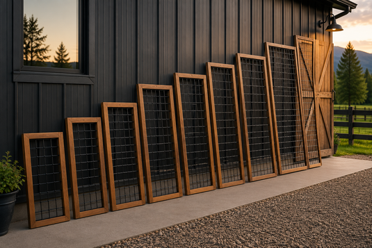 BarrierBoss black hog wire fence panels with natural cedar frames displayed in ascending sizes against a modern black barn at sunset.