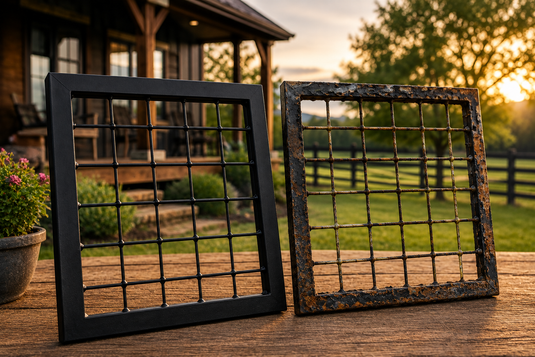BarrierBoss black 6-gauge hog wire fence panel with a durable dip-coated finish beside a rusted wire panel, illustrating long-term corrosion resistance in an outdoor setting.