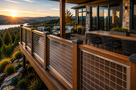 Modern lakeside deck featuring BarrierBoss 316 marine-grade stainless steel wire mesh railing panels with natural cedar posts and rails, creating unobstructed views of the water and surrounding forest at sunset.