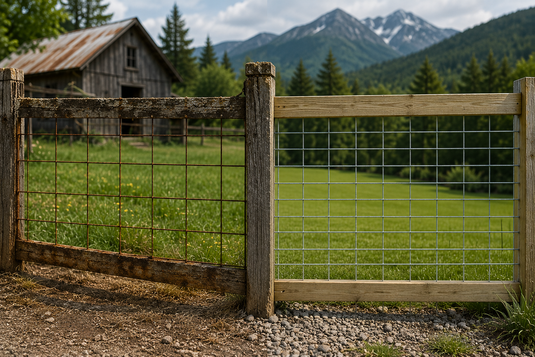 Comparison of an aging cattle panel fence and a new galvanized cattle panel fence in a Canadian rural landscape.