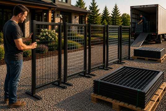Premium 6-gauge black steel-framed hog wire fence panels being inspected by a homeowner, illustrating how to compare fence quality, wire gauge, delivery options, and long-term value before purchasing.