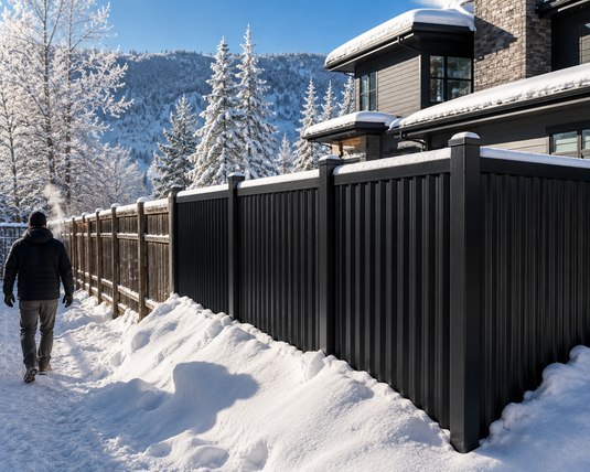 BarrierBoss-style black steel privacy fence with corrugated metal panels performing through harsh Canadian winter conditions, demonstrating resistance to snow loads, freeze-thaw cycles, moisture damage, and extreme cold temperatures.