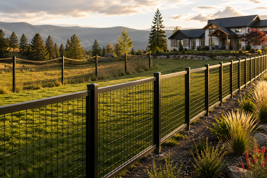 6-gauge black steel-framed hog wire fence demonstrating the difference between proper 6-to-8-foot post spacing and overly wide spacing that can lead to sagging and reduced fence rigidity over time.