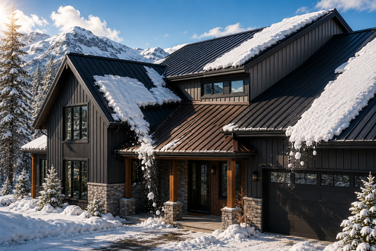 BarrierBoss-style metal roofing in corrugated, classic rib, and deep groove profiles on a Canadian home, naturally shedding snow and providing long-term protection against freeze-thaw cycles, heavy snowfall, and harsh winter weather.