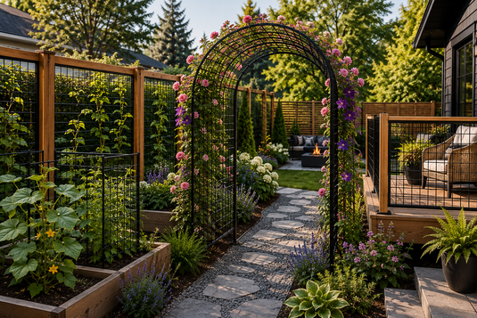 Black 6-gauge cattle panels used as garden arches, climbing plant trellises, cedar-framed residential fencing, privacy screens, and deck railings in a professionally landscaped Canadian backyard.