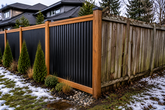 Black corrugated metal fence with cedar framing compared to an aging pressure-treated wood fence, demonstrating the effects of freeze-thaw cycles, moisture exposure, and long-term maintenance on residential fencing in Canada.