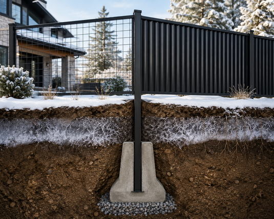 Steel fence post installed below the frost line with a bell-shaped concrete footing and gravel drainage layer, illustrating proper fence post installation techniques for preventing frost heave in Canadian climates