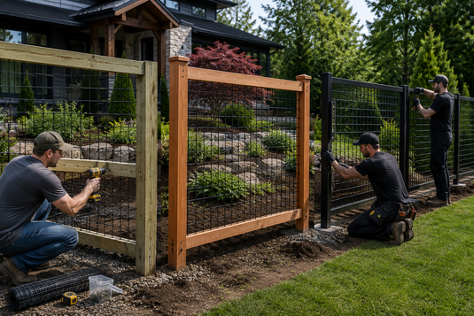 Comparison of DIY and professionally installed hog wire fencing featuring unframed mesh, cedar-framed panels, and black steel-framed hog wire fence systems, illustrating the factors that influence hog wire fence costs in Canada.