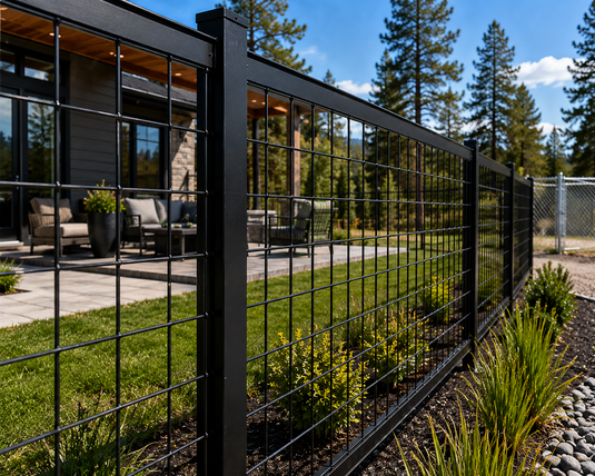 Premium 6-gauge black hog wire fence featuring rigid welded wire mesh, 2-by-4-inch grid openings, and a black steel frame, demonstrating the architectural appearance and open visibility of modern hog wire fencing.