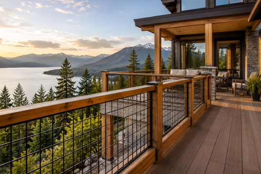 Code-compliant wood-framed hog wire deck railing featuring tight black welded wire mesh and modern residential construction, illustrating the popular railing style used on Canadian decks and balconies where permitted by provincial building codes.