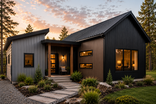 Modern residential home clad in 26-gauge steel metal siding with black, grey, and brown panel finishes, showcasing durable and cost-effective exterior cladding for Canadian homes.