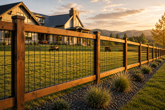Wood-framed cattle panel fence with black welded wire mesh on a modern acreage property.