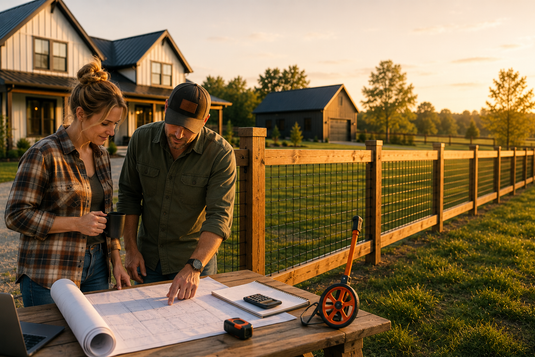 Couple planning a wood-framed hog wire fence project beside a completed fence on a rural property.