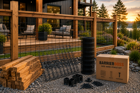 Complete wood-framed hog wire fence kit with black welded wire panels and hardware beside a modern deck.