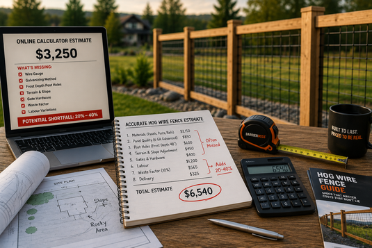 Hog wire fence cost planning with estimates and a wood-framed welded wire fence.