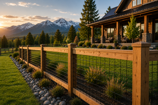 Wood-framed hog wire fence with black welded wire panels around a modern Canadian home.