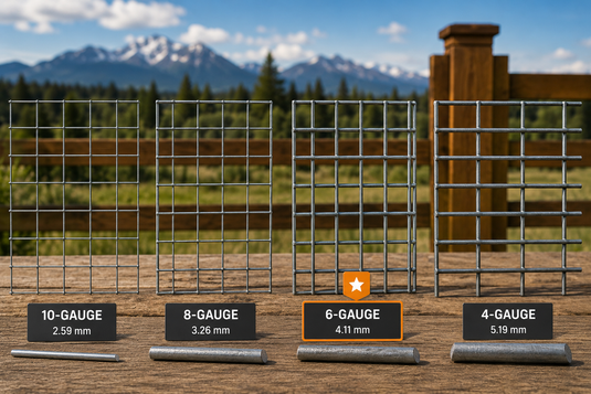 **Image Alt Text:** *Comparison of heavy-duty hog wire fence panels in different wire gauges, highlighting the strength and durability of 6-gauge welded wire for residential fencing, livestock enclosures, and deck railings in Canada.