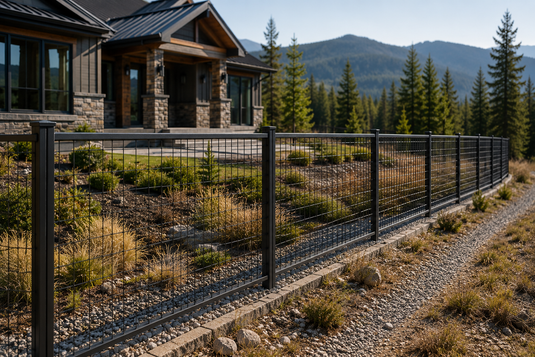 FireSmart metal hog wire fence protecting a modern home in a wildfire-prone Canadian landscape.
