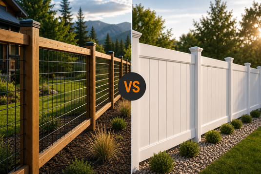 Modern hog wire fence beside a white vinyl privacy fence in a residential backyard comparison.