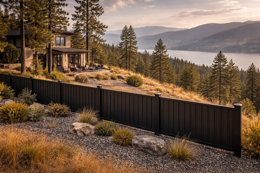Black all-steel FireSmart fence protecting a hillside Okanagan home overlooking Okanagan Lake with dry grass and pine forest landscape.