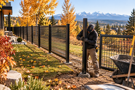 BarrierBoss metal fence being installed on a Canadian property in fall before freezing temperatures and winter ground conditions arrive.