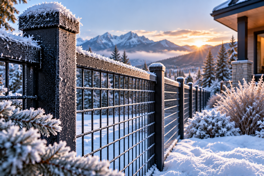 Collapsed wood fence beside a sturdy BarrierBoss all-metal hog wire fence standing straight through a snowy Canadian winter.