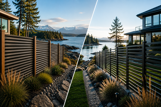 Corrugated steel and aluminum privacy fencing on Canadian coastal properties, surrounded by rugged shoreline, evergreens and mountain scenery.