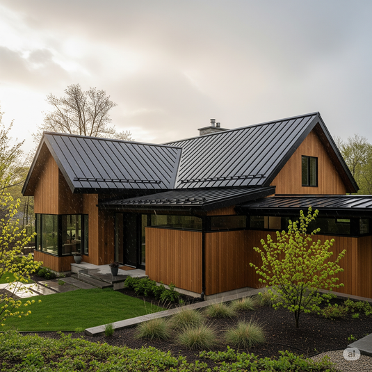  Modern Canadian home with sleek black metal roof panels and natural wood siding under cloudy sky