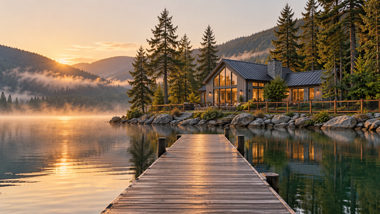 View across a calm lake to a modern cottage with black hog wire and cedar fencing along the shoreline at golden hour.