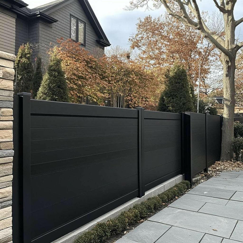 Load image into Gallery viewer, Black Aluminum Privacy Fence Panels - 96&quot; Wide x 96&quot; High - BarrierBoss™
