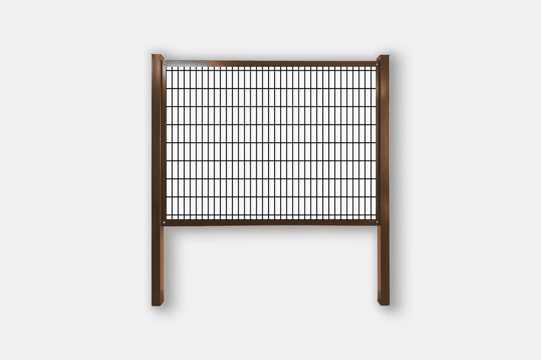 Brown frame cattle panel fence kit with 2" x 6" black welded mesh, steel posts and rails